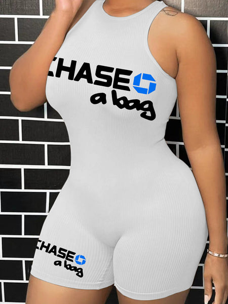 Letter Print Rib Knit Cami Romper AR501