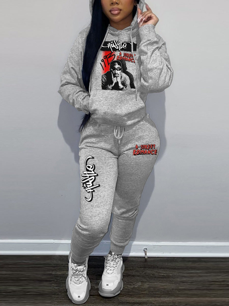 Figure Letter Print Kangaroo Pocket Tracksuit Set AR5064