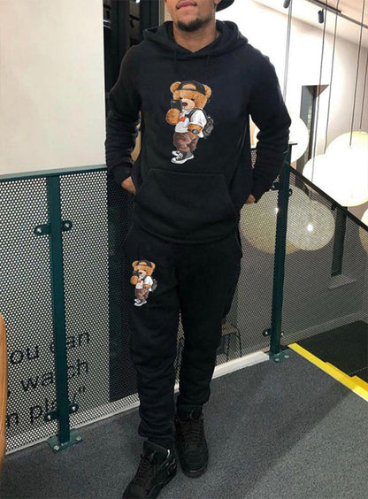 Men Teddy Bear Print Kangaroo Pocket Tracksuit Set AT9074