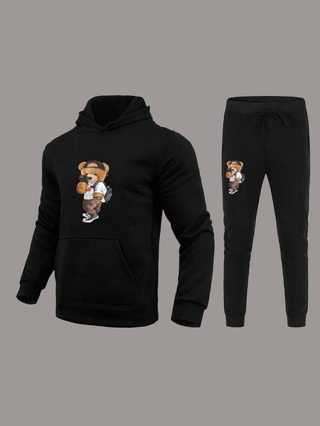 Men Teddy Bear Print Kangaroo Pocket Tracksuit Set AT9074