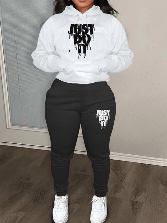 Plus Size Just Do It Letter Print Kangaroo Pocket Tracksuit Set AR507