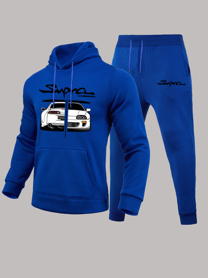 Men Figure Letter Print Kangaroo Pocket Tracksuit Set AT9030