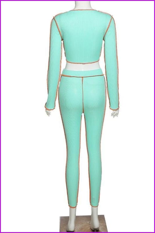 Striped Neon Lace Up Crop Top Sling Sporty Leggings V-neck Ribbed Matching Set F1110 - Furdela