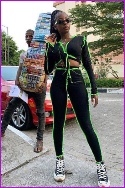 Striped Neon Lace Up Crop Top Sling Sporty Leggings V-neck Ribbed Matching Set F1110 - Furdela