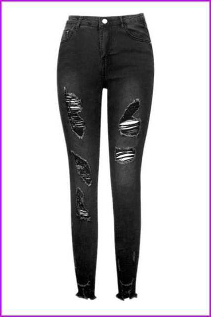 Stylish High Waist Pencil Ripped Black Jeans DA123 - Furdela