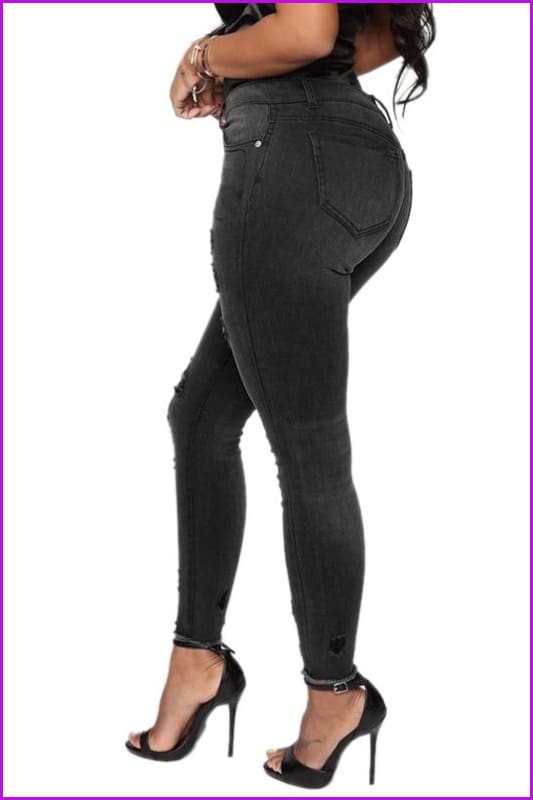 Stylish High Waist Pencil Ripped Black Jeans DA123 - Furdela