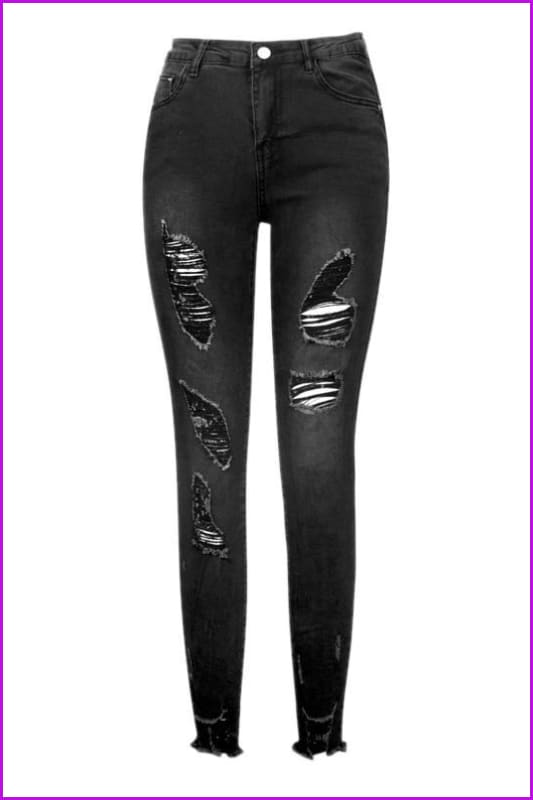 Stylish High Waist Pencil Ripped Black Jeans DA123 - Furdela