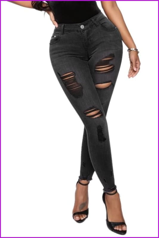 Stylish High Waist Pencil Ripped Black Jeans DA123 - Furdela