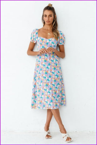 Summer Floral Square Neck Short Sleeve Slit Dress - Furdela