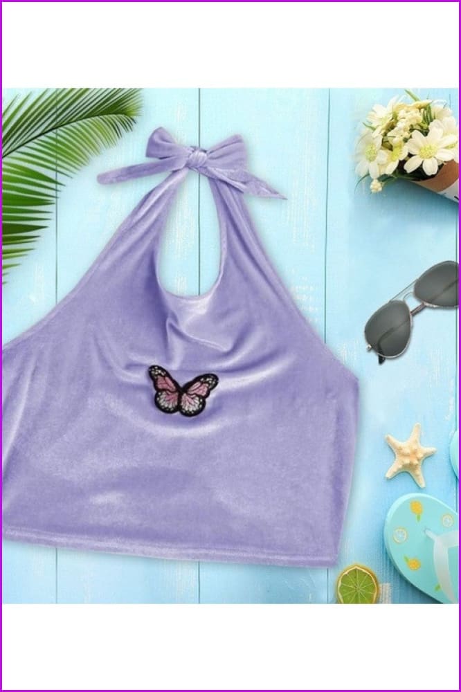 Summer Halter Butterfly Pattern Women's Crop Vest - Furdela Wholesale