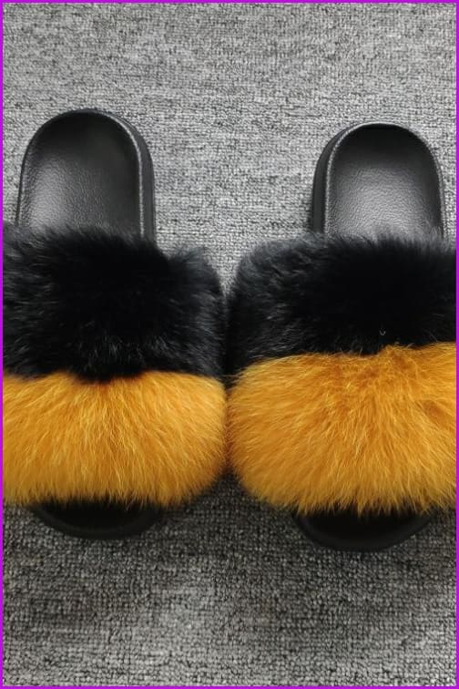 Super Fluffy Black And Yellow Fox Full-Pelt Fur Sliders DF035 - Furdela