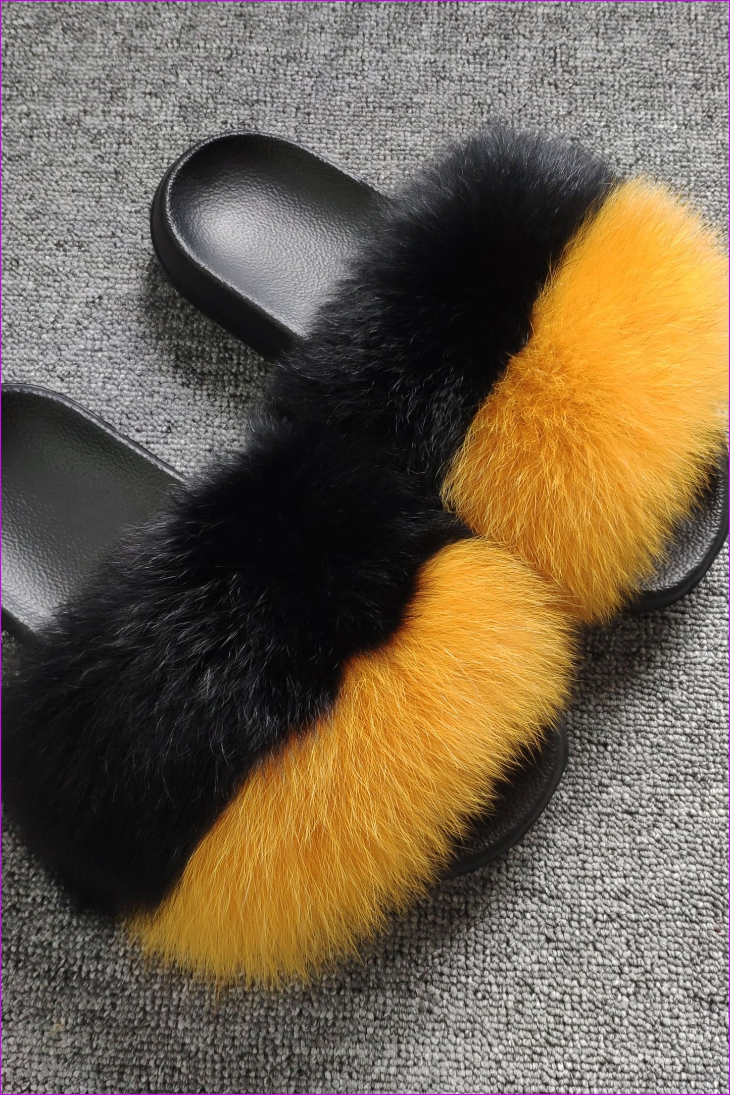 Super Fluffy Black And Yellow Fox Full-Pelt Fur Sliders DF035 - Furdela