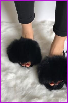 Super Fluffy Black Fox Fur Sliders DF035 - Furdela Wholesale