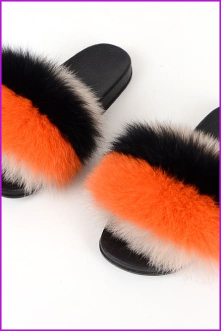 Super fluffy Colorful #M Fox Full-Pelt Fur Sliders DF035 - Furdela