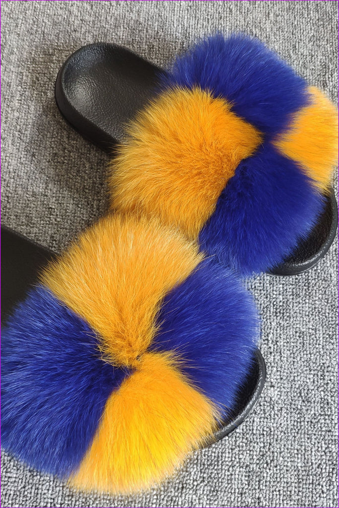 Super Fluffy Dark Yellow And Royal Blue #1 Fox Full-Pelt Fur Sliders DF035 - Furdela