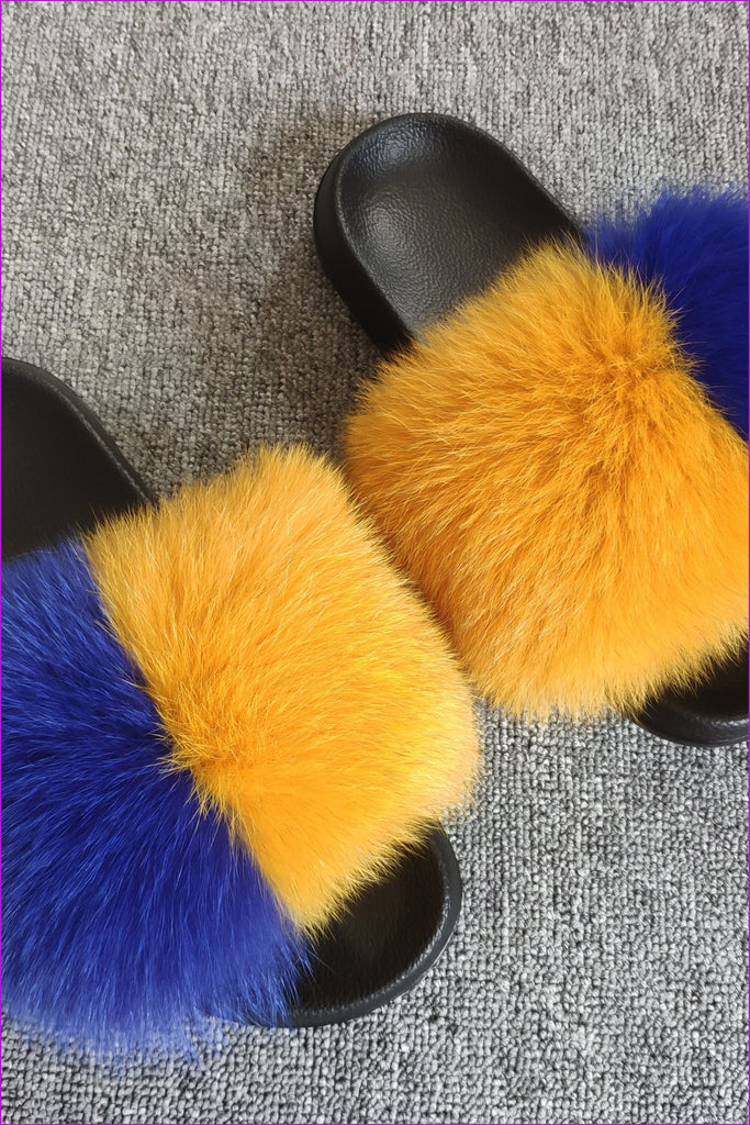 Super Fluffy Dark Yellow And Royal Blue #2 Fox Full-Pelt Fur Sliders DF035 - Furdela