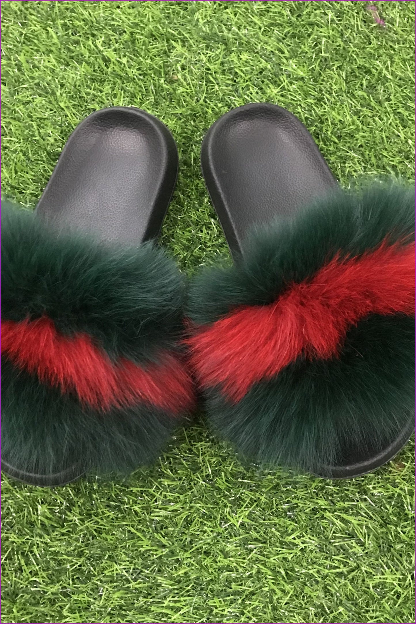 Super Fluffy Green And Red Fox Fur Sliders DF035 - Furdela Wholesale