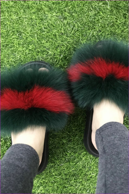 Super Fluffy Green And Red Fox Fur Sliders DF035 - Furdela Wholesale