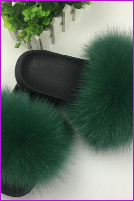 Super Fluffy Green Fox Full-Pelt Fur Sliders DF035 - Furdela
