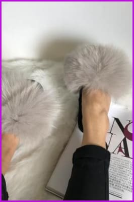 Super Fluffy Grey Fox Fur Sliders DF035 - Furdela