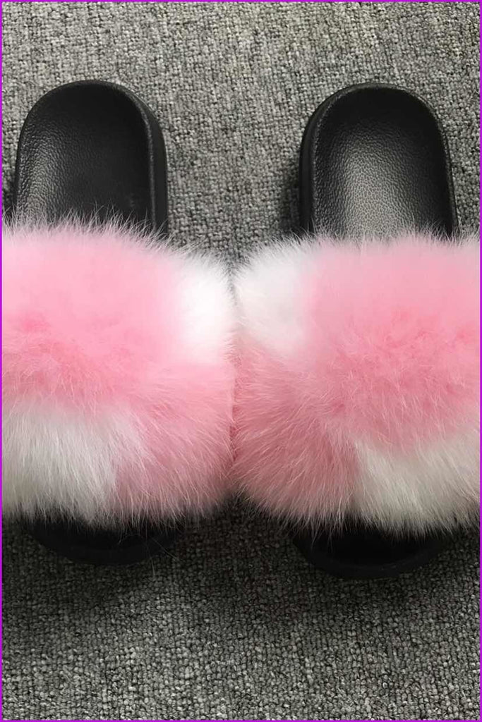 Super Fluffy Pink And White Fox Fur Super Fluffy Sliders DF035 - Furdela