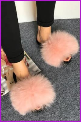 Super Fluffy Pink Fox Fur Sliders DF035 - Furdela Wholesale