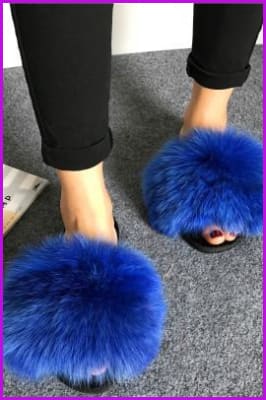 Super Fluffy Royal Blue Fox Fur Sliders DF035 - Furdela