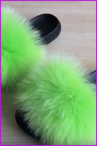Super Fluffy Shinny Green Fox Fur Sliders DF035 - Furdela
