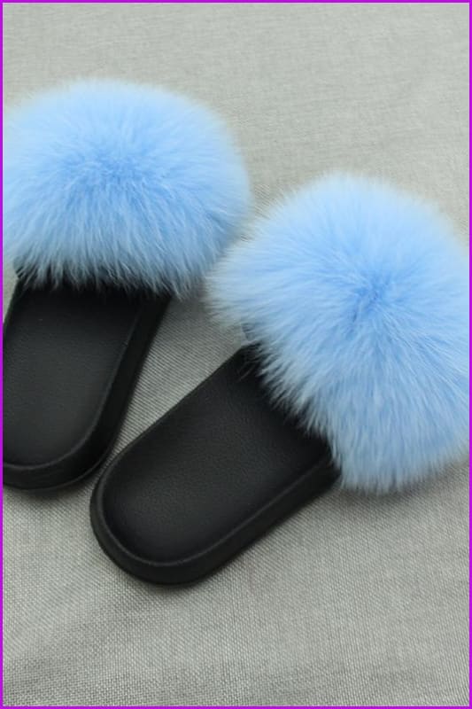 Super Fluffy Sky Blue Fox Full-Pelt Fur Sliders DF035 - Furdela Wholesale