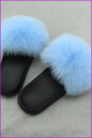 Super Fluffy Sky Blue Fox Full-Pelt Fur Sliders DF035 - Furdela Wholesale