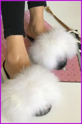 Super Fluffy White Fox Fur Sliders DF035 - Furdela