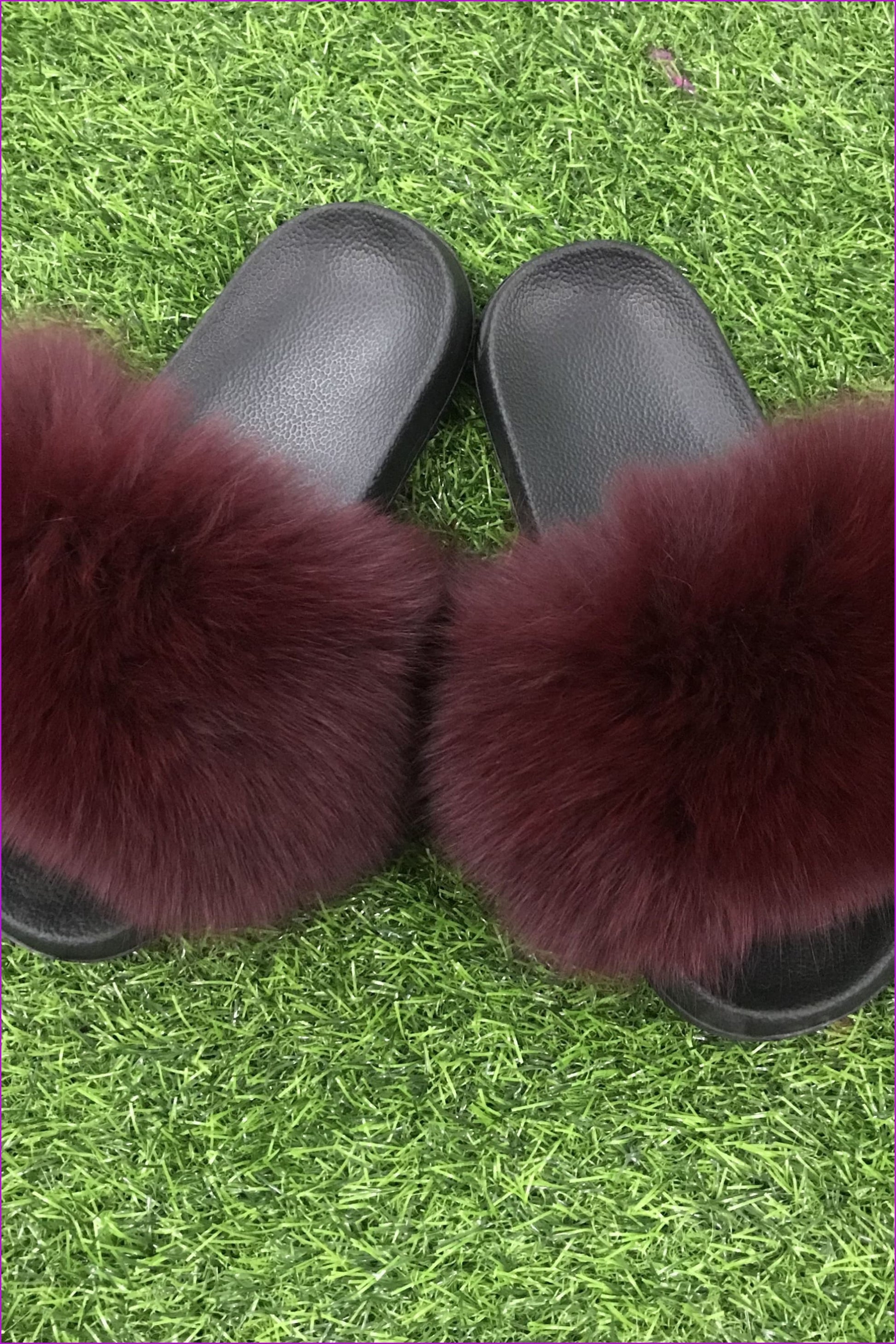 Super Fluffy Wine Fox Fur Sliders DF035 - Furdela