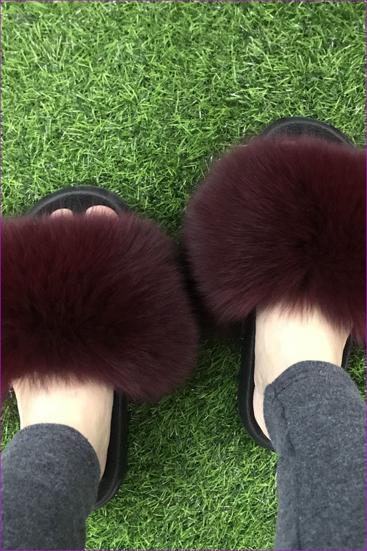 Super Fluffy Wine Fox Fur Sliders DF035 - Furdela