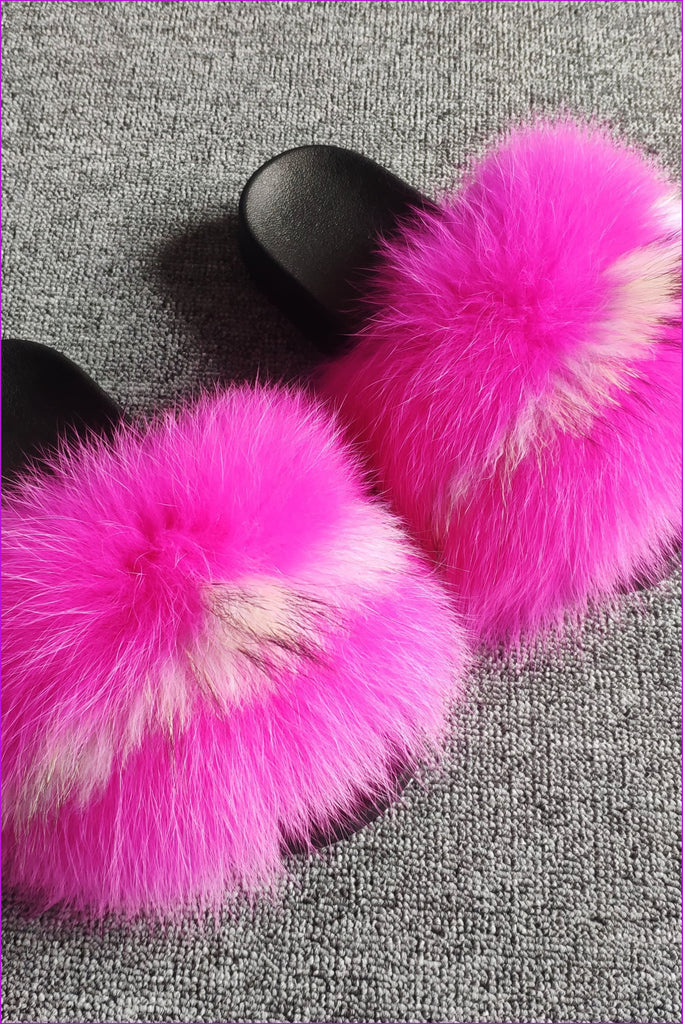 Super Pink White Pink Fox Full-Pelt Fur Sliders F002 - Furdela