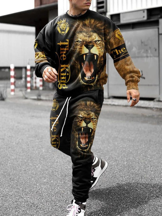 COTTON Men Lion Letter Print Tracksuit Set AR7080