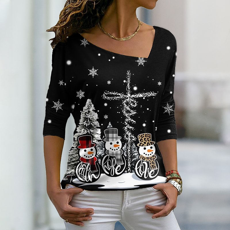 Women's T shirt Tee Black Snowman Christmas Tree Print Long Sleeve Christmas Casual Basic Christmas V Neck Regular Painting S PC71