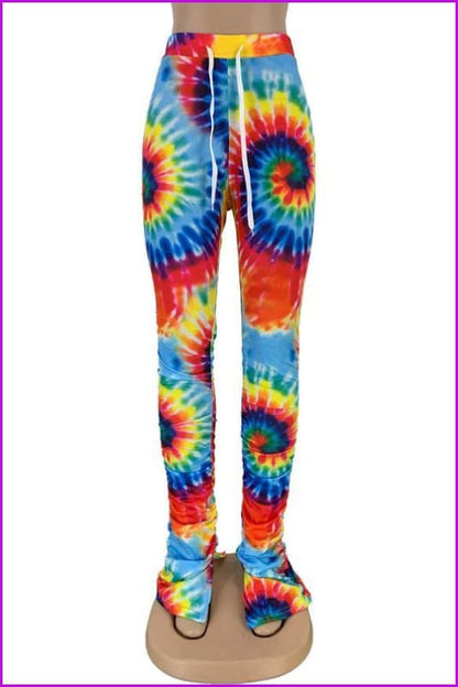 Tie Dye Split Stacked Hem Ruched Pants For WomenDE920 - Furdela