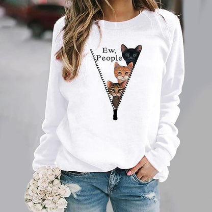 Women's Sweatshirt Pullover Basic Green Blue Purple Cat Street Round Neck Long Sleeve S M L XL 2XL 3XL PC100