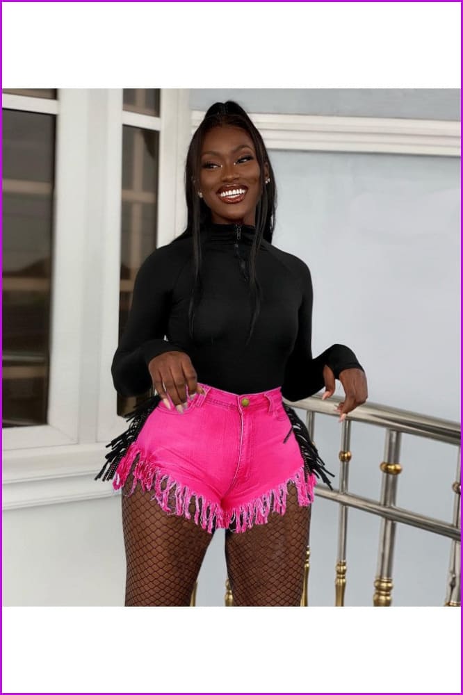 Trendy Solid Color Tassels Denim Shorts - Furdela