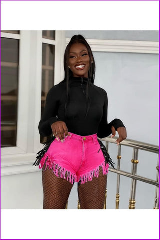 Trendy Solid Color Tassels Denim Shorts - Furdela