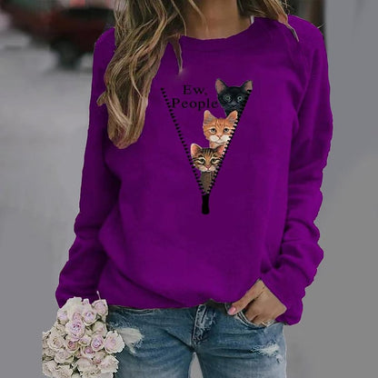 Women's Sweatshirt Pullover Basic Green Blue Purple Cat Street Round Neck Long Sleeve S M L XL 2XL 3XL PC100