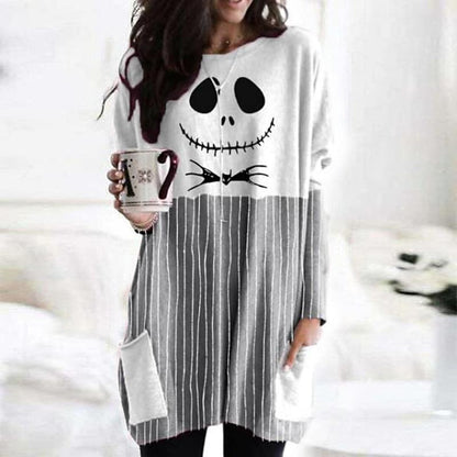 Women's Shirt Striped black striped grey Blue Snowman Pocket Print Long Sleeve Christmas Holiday Casual Round Neck Long M PC98