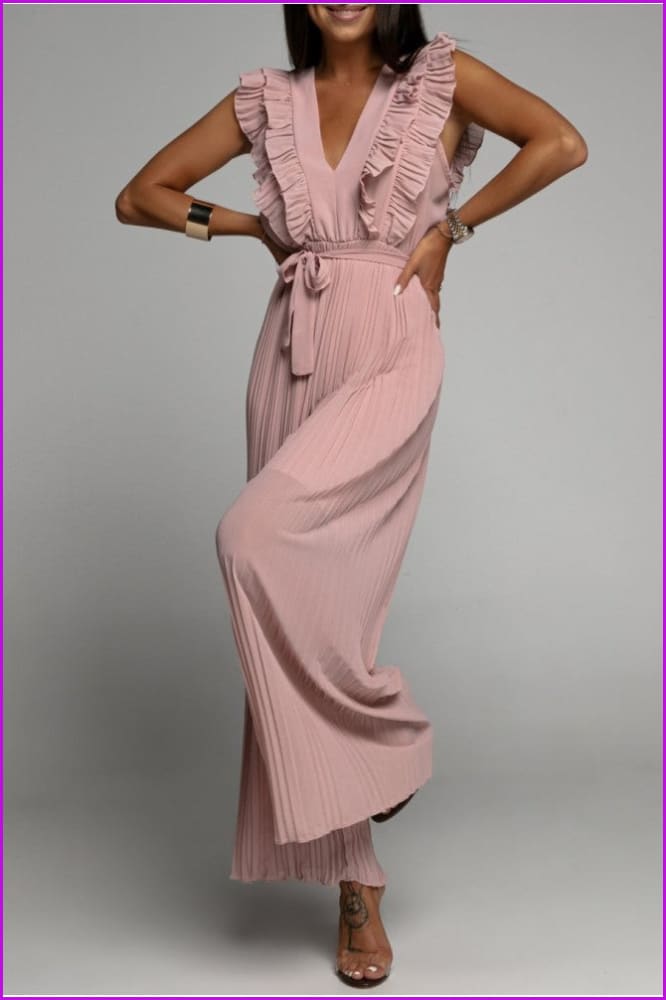 V-Neck Sleeveless Pure Color Pleated Jumpsuits - Furdela