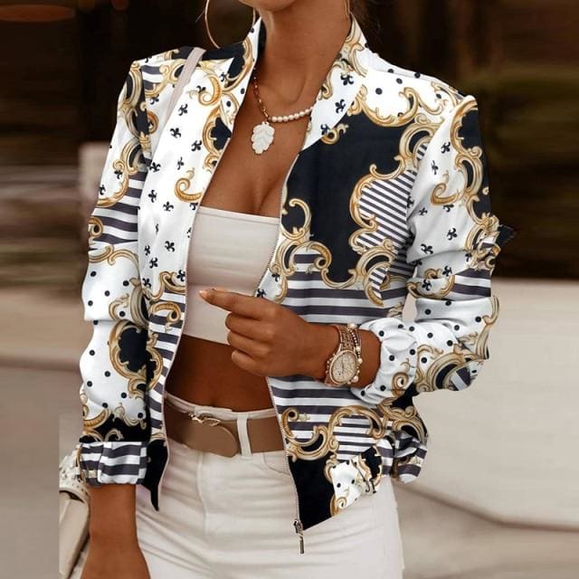 Vintage Print Long Sleeve Zipper Jacket - Furdela