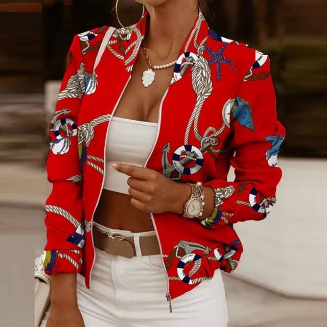 Vintage Print Long Sleeve Zipper Jacket - Furdela