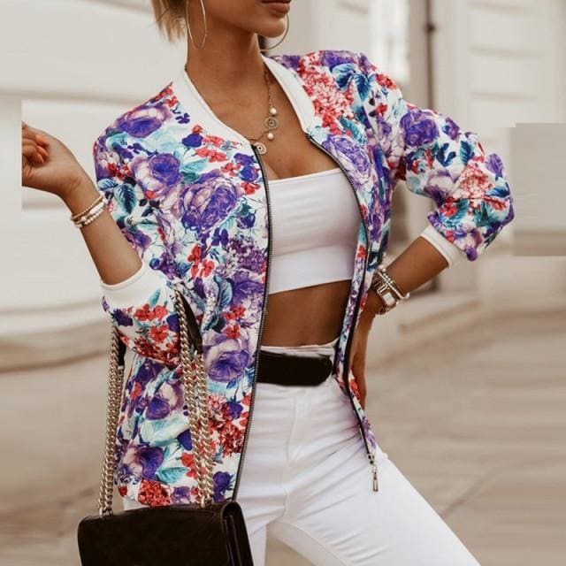 Vintage Print Long Sleeve Zipper Jacket - Furdela