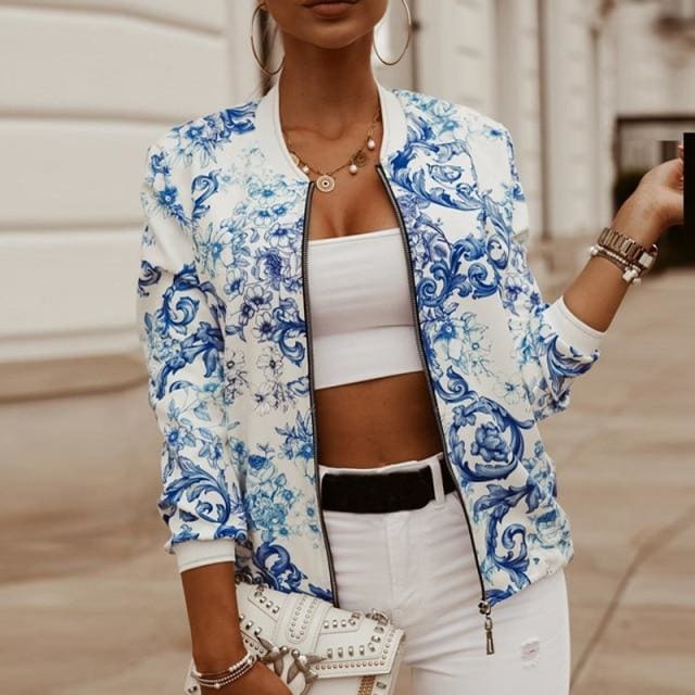Vintage Print Long Sleeve Zipper Jacket - Furdela