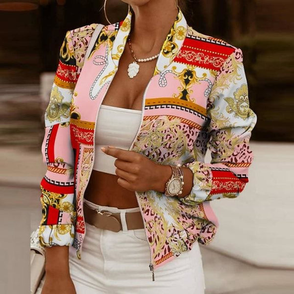 Vintage Print Long Sleeve Zipper Jacket - Furdela