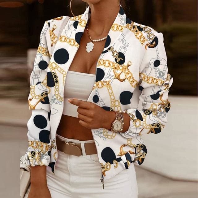 Vintage Print Long Sleeve Zipper Jacket - Furdela