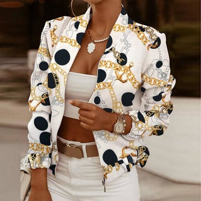 Vintage Print Long Sleeve Zipper Jacket - Furdela